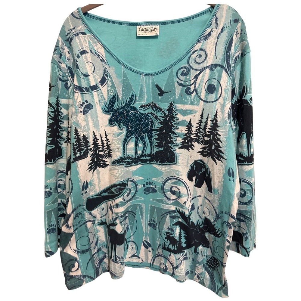 Vintage Cactus Bay 3/4 Sleeve Top XL Aqua Black Rhinestones Moose Bears Artsy